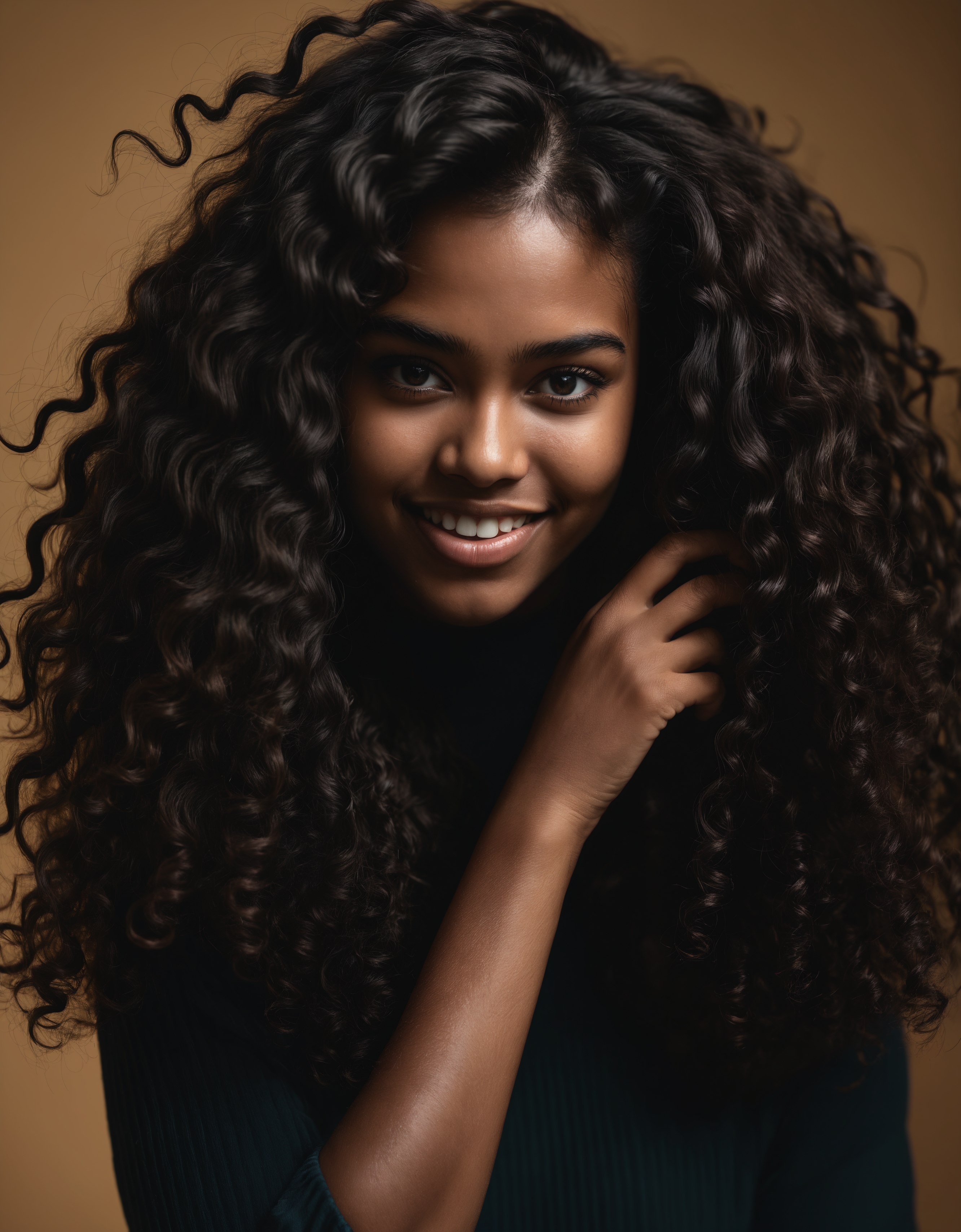 macro close-up shot of a cute black african Shin Hati smiling (combing her hair with her hands:1.2) looking at viewer seductively, luxurious looking turtleneck, extremely long curly hair, seductive, confident, skin pores, imperfections, natural, beautiful eyes, dark skin, black skin, (big hair), perfect teeth, (freckles:1.2), velus hairs, 100mm f/2.8 macro lens,, film grain, candid camera, color graded cinematic, 1960s vintage RAW photo, eye catchlights, catchlights in eyes, dramatic lighting, atmospheric lighting, rembrandt lighting,