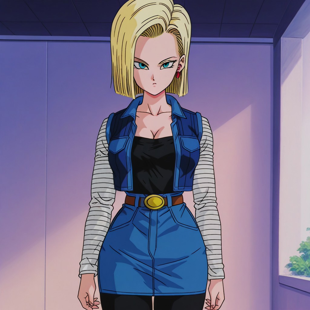 dbstyle, screencap, best quality, android_18, blonde hair, 1girl, solo, blue eyes, , blonde hair, shirt, blue eyes, belt, black leggings, cleavage, collarbone, denim, denim skirt, high-waist skirt, jewelry, long sleeves, pocket, shirt, shirt tucked in, skirt, striped, striped sleeves, blue denim waistcoat, thick thighs, wide hips,
standing, looking at viewer,