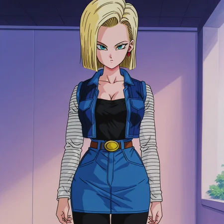 dbstyle, screencap, best quality, android_18, blonde hair, 1girl, solo, blue eyes, , blonde hair, shirt, blue eyes, belt, black leggings, cleavage, collarbone, denim, denim skirt, high-waist skirt, jewelry, long sleeves, pocket, shirt, shirt tucked in, skirt, striped, striped sleeves, blue denim waistcoat, thick thighs, wide hips,
standing, looking at viewer,