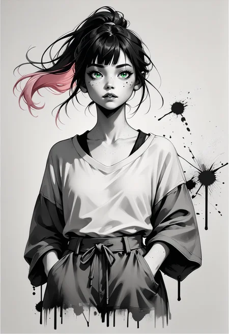 score_9, score_8_up, score_7_up BREAK monochromemuse, monochrome, greyscale, ink splatter, solo, 1girl, black hair, pink dyed hair, bangs, ponytail, green eyes, freckles <lora:monochromemuse:1>