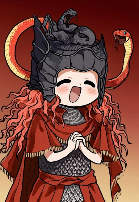 masterpiece,best quality,highly detailed,score_9,score_8_up,score_7_up,score_6_up,source anime,
BREAK
<lora:MessmerPony1.0:0.9>,
messmer,1boy,red hair,long hair,curly hair,helmet,(snake:1.2),armor,chainmail,red cape,helmet,
<lora:LovelySmilePony1.0:1>,own hands together,smile,open mouth,blush,gradient background,