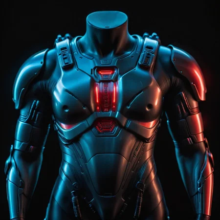 photo focus on military torso armor , science fiction, glowing cyberpunk, translucent, <lora:IteMaker-v1e3:1>, black background, red theme , film, professional, 4k, highly detailed