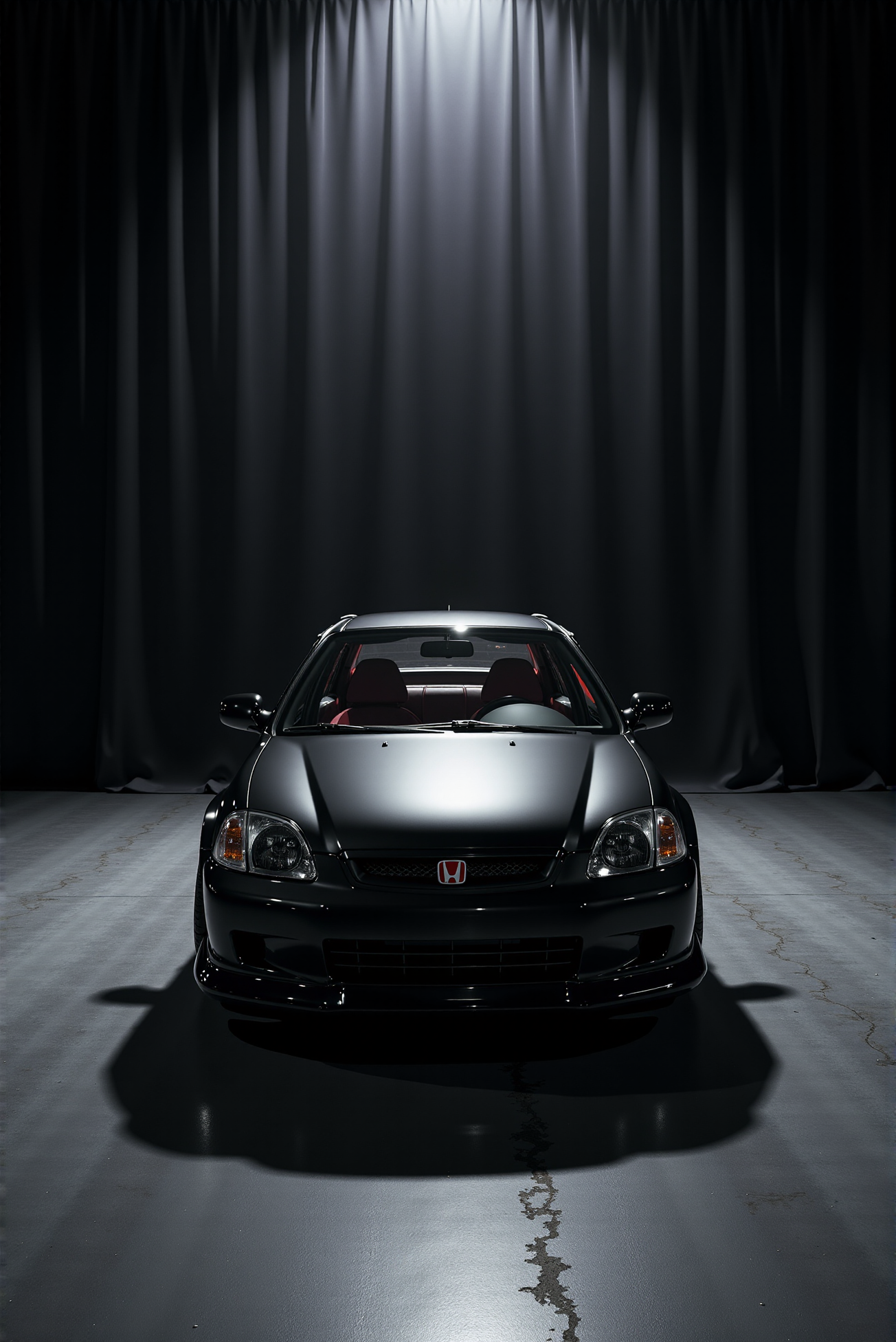 <lora:Honda_Civic_Type-R_EK9:1.0> Honda Civic Type-R EK9. 
Inside a shadow-box stage setup wrapped in stretched satin graphite fabric, the (Honda Civic Type-R EK9 from '90) is isolated beneath a precise top-down xenon-white spotlight, its contours erupting from the darkness like a form carved in motion. A tight, high-resolution overhead shot captures the (Honda Civic Type-R EK9 from '90) symmetrical form and contrasting red accents with fine-grain clarity, while soft underlighting adds a faint ground-hugging aura. The mood is contemplative and precise, rendered in high-dynamic tones with bold contrast mapping that emphasizes design purity and mechanical excellence.  (A mirror-like, ultra-gloss finish of the car produces vivid, sparkling glints of light across its surface:1.1).