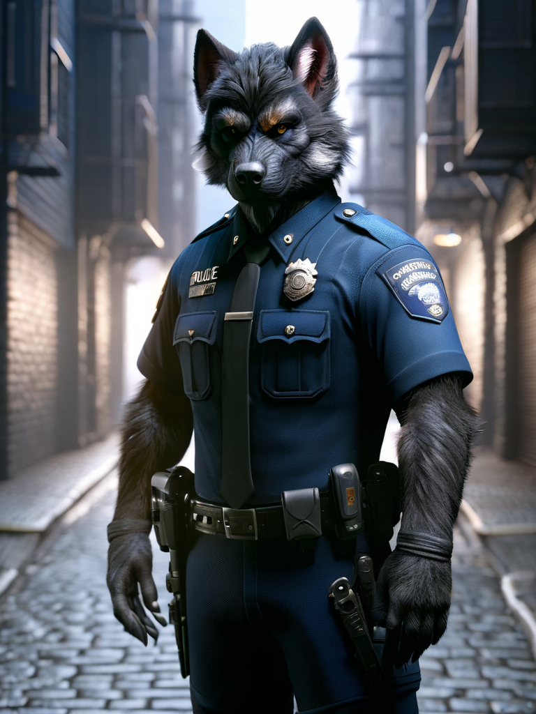 worgen, male worgen, police worgen, police clothing, in a police uniform standing in a street <lora:wowrgen-sdxl:1>