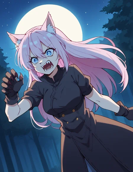 score_9, score_8_up, score_7_up, source_anime, <lora:miyako-shikimori-s1-ponyxl-lora-nochekaiser:1>, miyako shikimori, long hair, blue eyes, hair between eyes, pink hair, medium breasts,, <lora:werewolf-ponyxl-lora-nochekaiser:1>, werewolf, furry, fangs, animal ears, gloves, angry, teeth, animal ear fluff,, forest, night, moon, open mouth, , dutch angle, cowboy shot
