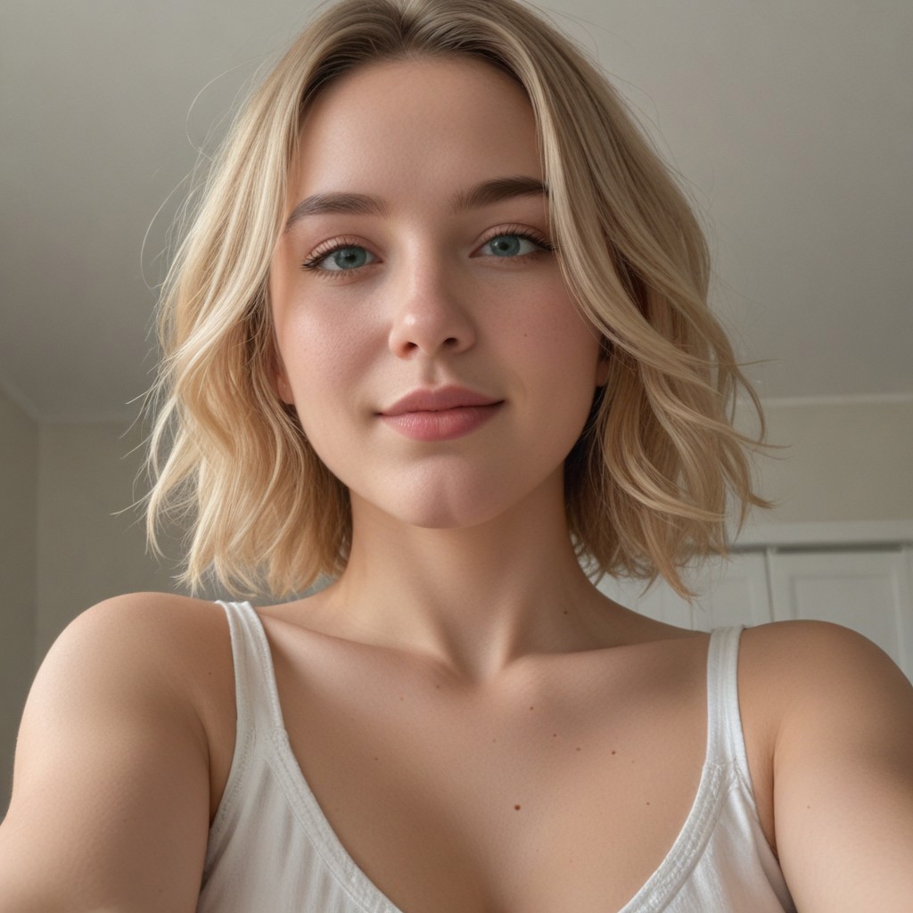 selfie, selfshot taken from below of a woman with layered bob cut , flowing light blond hair, warm and natural smile, full voluptuous lips, thick and dark eyebrows, She has bright and expressive green eyes, high and prominent cheekbones, soft and radiant skin, her hair is illuminated by gentle sunlight, creating a golden glow, the atmosphere is serene, capturing a soft and natural beauty. The image is highly detailed and photorealistic, emphasizing warmth,