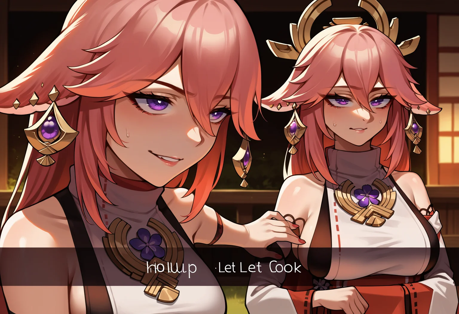 score_9, score_8_up, score_7_up, source_anime, 2girls, yae miko, IncrsCook, <lora:LethimcookMeme_XLPD:1>, english text,