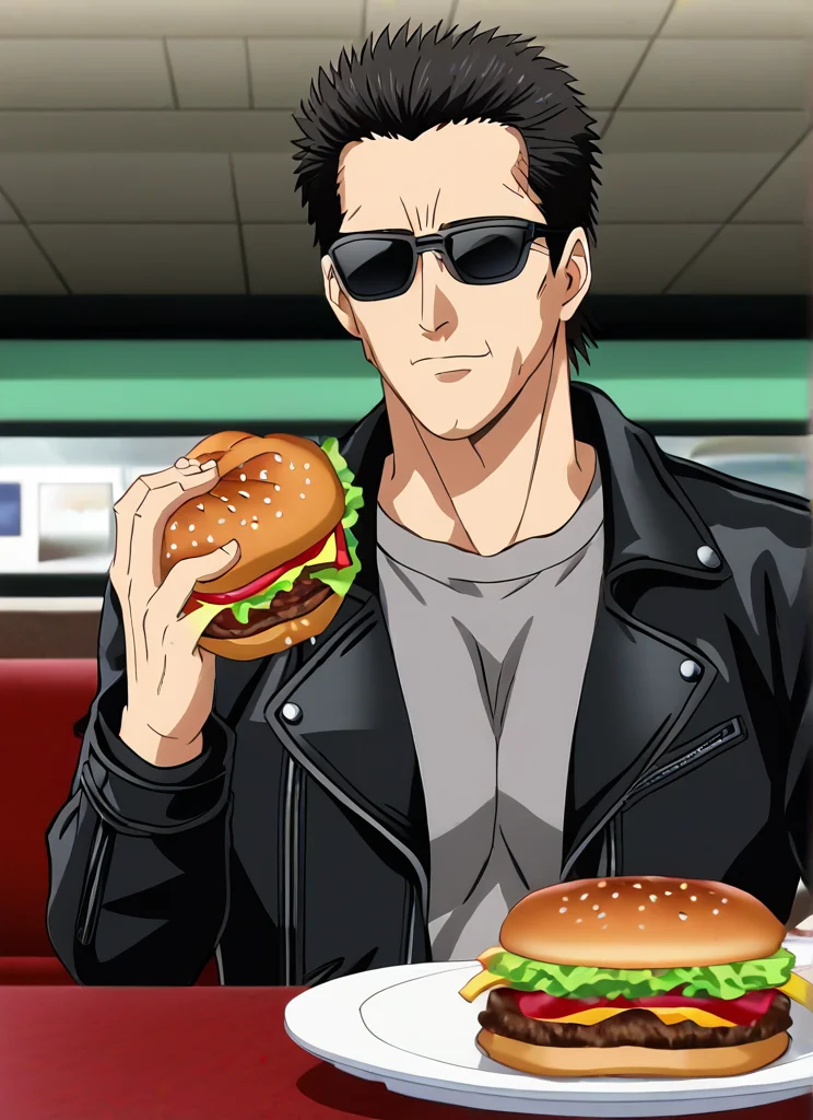 <lora:terminator2_t800:1>terminator2_t800,2ts hair,black leather jacket,black sunglasses,gray shirt,looking at viewer,detailed,4k,black leather pants,male,man,adult,anime style,mature man,anime screencap, sitting, restaurant background, holding burger, eating burger, food,table, <lora:Anime_Screencap:1>
