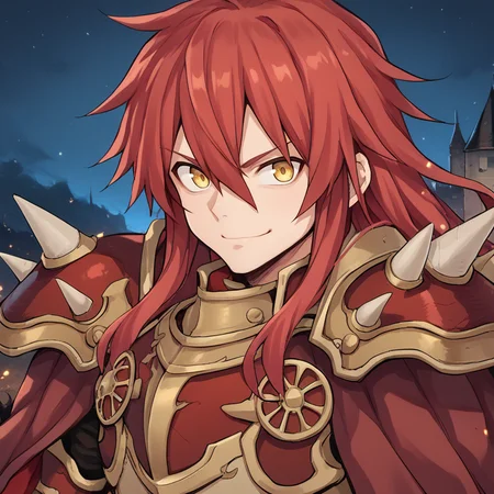 score_9, score_8_up, score_7_up, score_6_up, source_anime, BREAK, <lora:GulcasaPonyXL:0.9> , guldef, 1boy, red hair, long hair, hair between eyes, yellow eyes, armor, full armor, spikes, shoulder armor, shoulder spikes, cape, red cape, pauldrons, solo, (close-up), ((face)), looking at viewer, smile, closed mouth, exterior, castle, fortress, night, battlefield, wasteland, <lora:m4gXLP:0.7> , m4g,