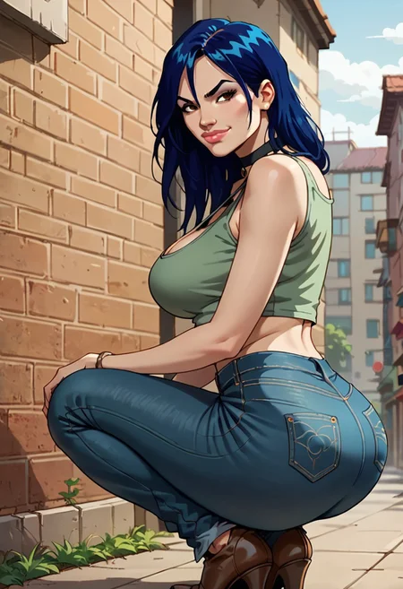 score_9, score_8_up, score_7_up, 1girl, choker, jeans, crop top, squatting,
1girl, anime coloring, blue hair, lips, zhalua moon, huntik, brown eyes, ass, smug,large breasts, big ass, from side, one bare shoulder, cleavage,
