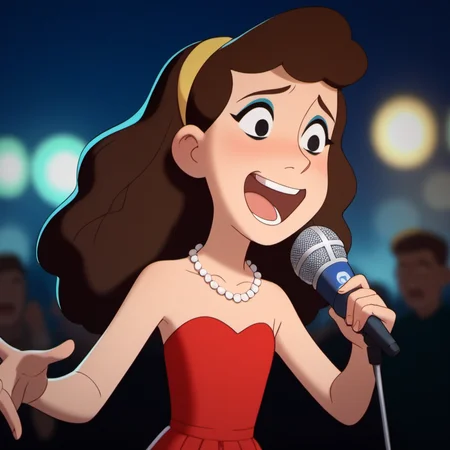 solo, 1girl, betcg1, brown hair, young, shiny ballgown, singing, standing beside microphone, necklace, eye makeup, black eyes, strapless, open mouth, long hair, blurry background, smokie nightclub, <lora:betcg1-000009:1>, score_9, face detail, score_7_up, score_8_up,