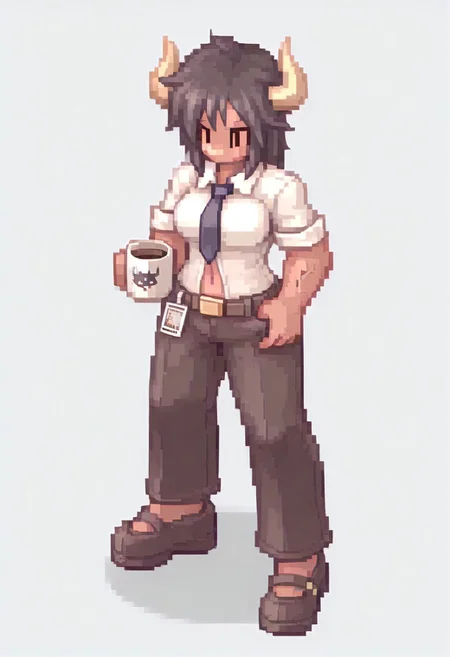masterpiece, best quality, ultra-detailed, highly detailed, sharp focus, dramatic lighting,
1boy, solo, full body, minotaur, humanoid bull, muscular build, office worker, business attire,
white dress shirt, rolled-up sleeves, loosened necktie, fitted suit pants, leather belt, polished dress shoes,
short dark fur, strong arms, broad shoulders, imposing yet professional stance,
large curved horns, short messy black hair, piercing golden eyes, fur-covered arms with visible veins,
holding a coffee mug, ID badge clipped to shirt, carrying a stack of documents,
tired but determined expression, slightly disheveled look, adjusting tie,
corporate office setting, fluorescent lighting, modern minimalist background,
fantasy meets modern aesthetic, simple background, white background
ROSPRITE, ROSPRITES ,Character Design page
, visible navel, big breasts, padding breasts, erotic style,