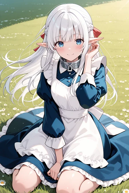 masterpiece, best quality, very aesthetic, absurdres, ultra-detailed, highly detailed, shiny skin, (wind lift:1.2), blush, (long dress:1.2), full body, (wariza:1.2), legs apart, arm between legs, floating hair, blush, (hand in own hair:1.2), tucking hair,
meadow, wind, outdoors, smile, looking at viewer, sitting, on grass,
<lora:Nephelia-08:1> nephelia, 1girl, long hair, white hair, braid, pointy ears, french braid, elf, blue eyes, ribbon, apron, sidelocks, dress, bow, hair ribbon, maid, hair bow, frills, blunt bangs, blue dress, white apron, collar, red bow, metal collar,
<lora:illustrious_noobai_epsilon_pred_11_very_aesthetic_v1_1029791:1>
(lazypos:0.7)