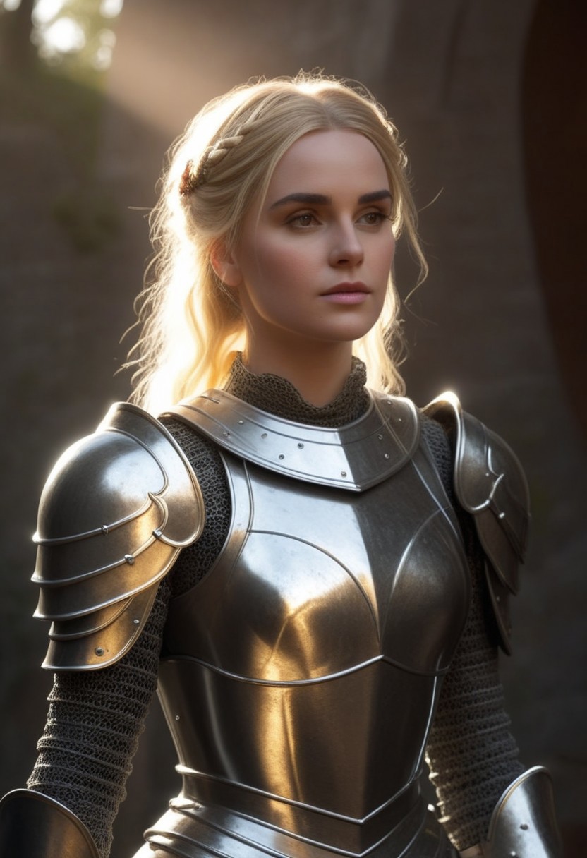A female paladin, clad in meticulously crafted, highly reflective plate armor, stands in a vaguely European medieval setting. Sunlight bathes the scene, glinting off the polished steel and creating a halo effect around her blonde hair, styled in a practical updo. The image is a medium shot, taken from a normal angle, emphasizing the ornate detail of her armor and the serene confidence in her expression.  Background figures in similar attire are slightly out of focus, suggesting a military procession or gathering. The scene could be enhanced with atmospheric elements like dust motes dancing in the sunbeams and the subtle suggestion of a flag or banner rippling in the background, adding a sense of grandeur and narrative context.  Hyperrealistic digital illustration, octane render, volumetric lighting, anamorphic lens flares, global illumination, high dynamic range, s-curve contrast, filmic gamma curve
 (8k uhd:1,4)
 <lora:add-detail-xl:1>
 <lora:Dynamic Poses:1>
