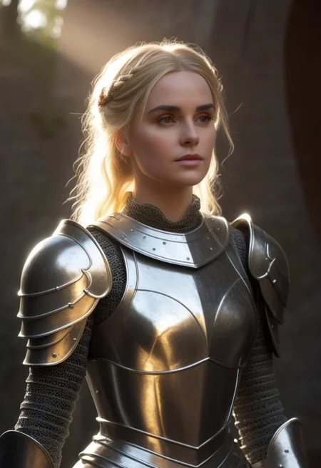 A female paladin, clad in meticulously crafted, highly reflective plate armor, stands in a vaguely European medieval setting. Sunlight bathes the scene, glinting off the polished steel and creating a halo effect around her blonde hair, styled in a practical updo. The image is a medium shot, taken from a normal angle, emphasizing the ornate detail of her armor and the serene confidence in her expression.  Background figures in similar attire are slightly out of focus, suggesting a military procession or gathering. The scene could be enhanced with atmospheric elements like dust motes dancing in the sunbeams and the subtle suggestion of a flag or banner rippling in the background, adding a sense of grandeur and narrative context.  Hyperrealistic digital illustration, octane render, volumetric lighting, anamorphic lens flares, global illumination, high dynamic range, s-curve contrast, filmic gamma curve
 (8k uhd:1,4)
 <lora:add-detail-xl:1>
 <lora:Dynamic Poses:1>