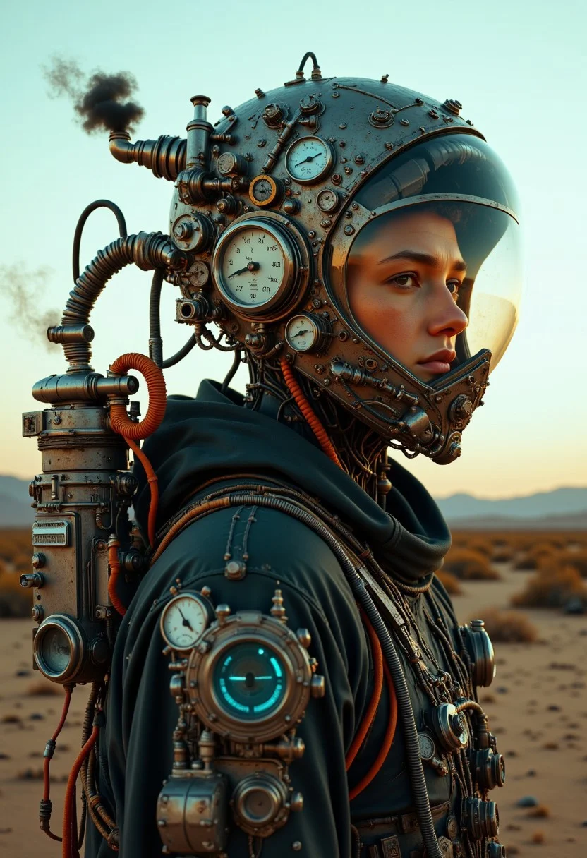 cpstyle01. This is a highly detailed, photorealistic CGI image featuring an astronaut-like figure in a futuristic desert setting. The subject is a person with a light skin tone, wearing a complex, high-tech helmet. The helmet is a blend of mechanical and organic elements, with numerous dials, gauges, and wires protruding from it. The helmet's visor is made of a transparent material, revealing the subject's face, which appears serious and contemplative. 
The helmet has various attachments, including a small camera, a small, glowing blue light, and a smokestack emitting dark smoke, suggesting advanced propulsion or energy systems. The visor's inner surface reflects the bright, warm light of the setting sun, casting a warm glow on the subject's face.
The background showcases a vast, barren desert landscape under a clear, pale blue sky. Sparse, dry vegetation and distant, hazy mountains are visible, indicating a remote, possibly post-apocalyptic environment. The overall color palette is dominated by earthy tones of the desert, with the metallic and digital elements of the helmet contrasting sharply against the natural background.