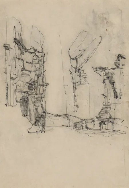 a professional hand sketch of architecture,
(POV view , DOF, first people view from the entrance, low angle shot:1.4),
(Ancient civilization, Alien Prometheus movie scene, dune movie scene:1.5), (The colonial city of the future, in the mist-filled Grand Canyon, on an unknown Earth-like planet, 2 moon on sky, Spaceship flight connects colonies, waterfulls:1.3), (Machu Picchu, a mountain settlement, incredibly spectacular:1.2), (Mario Botta:1.3), (avant-garde, future, reality, science fiction, photorealistic), (modern architecture:1.2), White limestone with black granite, fountain, waterfall, landmark, square, path, narrow street,
(Large Files, Ultra Realistic, 8K, 16k, FHD, HD, VFX, Perfect, Photography, composition, Architecture Sales Photography, Architecture Competition, Ultra High Resolution, Cinematography, High Resolution Image:1.1), (dramatic lighting, direct sunlight, ray tracing, clear shadow:1.2),  (real landscape:1.1), (blurred background:1.0), (urban background, more_details) ,
great lighting, extremely detailed, hillscastel, Neo Classic, Architecture sketch
