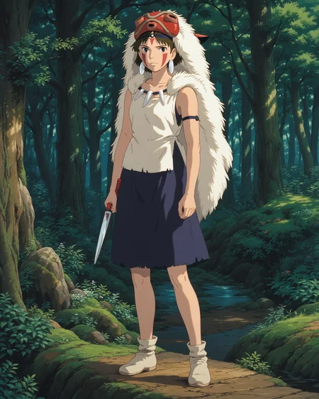 (embedding:zPDXL:1.0), score_9, score_8_up, score_7_up, best quality, source_anime, rating_safe, <lora:Ghibli_1:0.3>ghibli_style, anime_coloring, 1girl, <lora:san_pony_v4:0.8>san, solo, short hair, brown hair, gray eyes, headband, face paint, earrings, white sleeveless top, navy under dress, arm cuffs, fur headdress, fur cape, tooth necklace, mask on head, shoes, holding dagger, reverse grip, forest, straight-on, full body, standing, looking at viewer