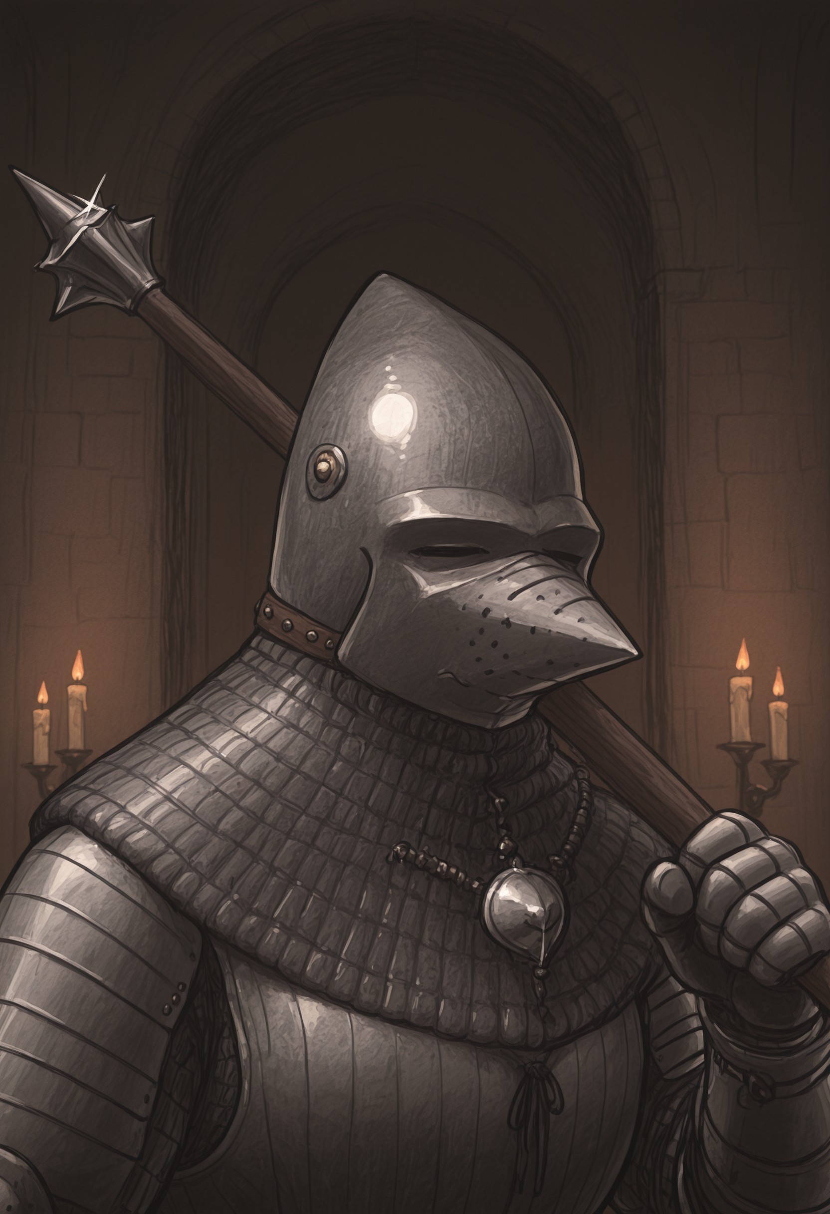 medieval, bascinet, hounskull, cuirass, mail_aventail, arm_harness, couter, gothic_armor, (knight), vambraces, gauntlets, holding_mace, mace, weapon_over_shoulder, medieval, castle, indoors, dark, dim_lighting, dark room, \candle\_lighting, natural lighting, shiny, glint, (gothic armor), adorned armor, ornated armor, medium shot, (masterpiece), (best quality), (ultra-detailed), great_score, high_score, very aesthetic, absurdres, highres, newest, 8K, latest, ironl2, cpsle2, <lora:9392301d-3b26-4978-9755-50654aa89b42:0.9>, <lora:7f56e0ec-a859-4250-9ba9-1076c18a47e4:0.9>, <lora:8ba5e64a-99e8-4048-ae88-0afd98a14918:0.4>