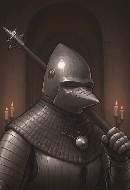 medieval, bascinet, hounskull, cuirass, mail_aventail, arm_harness, couter, gothic_armor, (knight), vambraces, gauntlets, holding_mace, mace, weapon_over_shoulder, medieval, castle, indoors, dark, dim_lighting, dark room, \candle\_lighting, natural lighting, shiny, glint, (gothic armor), adorned armor, ornated armor, medium shot, (masterpiece), (best quality), (ultra-detailed), great_score, high_score, very aesthetic, absurdres, highres, newest, 8K, latest, ironl2, cpsle2, <lora:9392301d-3b26-4978-9755-50654aa89b42:0.9>, <lora:7f56e0ec-a859-4250-9ba9-1076c18a47e4:0.9>, <lora:8ba5e64a-99e8-4048-ae88-0afd98a14918:0.4>