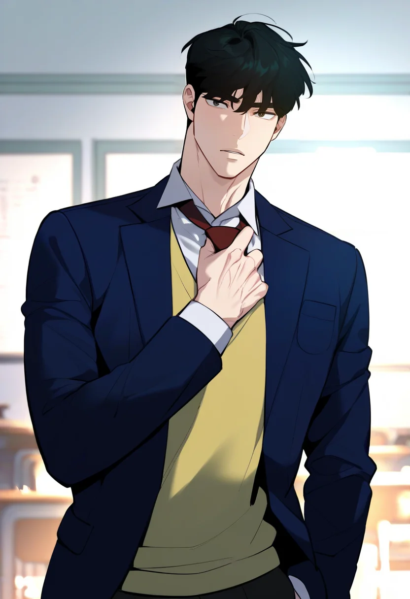 1boy, solo
<lora:Character - Designated Bully - Kwon Daegun:1> kwondaegun, black eyes, black hair
, zPDXL, score_9_up, score_8_up, score_7_up, score_6_up, score_5_up, score_4_up, best quality, normal aesthetic, absurdres, year2023, uncensored,
classroom, looking at viewer, school uniform, red necktie, blazer, yellow vest, adjusting necktie, upper body,