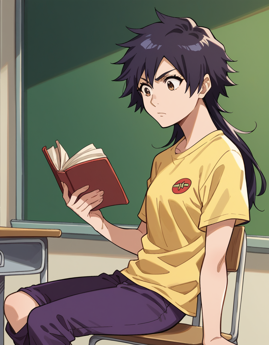 score_9, score_8_up, score_7_up, source_anime, <lora:tatsuki-arisawa-anime-ponyxl-lora-nochekaiser:1>, tatsuki, short hair, black hair, long hair, brown eyes,, t-shirt, shirt, yellow shirt, short sleeves, pants, purple pants,, classroom, chalkboard, day time, studying, sitting, chair, desk,, , , knee forward, arm behind back, foot on tiptoe, solo,, cowboy shot, dutch angle