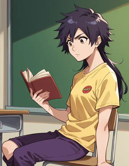 score_9, score_8_up, score_7_up, source_anime, <lora:tatsuki-arisawa-anime-ponyxl-lora-nochekaiser:1>, tatsuki, short hair, black hair, long hair, brown eyes,, t-shirt, shirt, yellow shirt, short sleeves, pants, purple pants,, classroom, chalkboard, day time, studying, sitting, chair, desk,, , , knee forward, arm behind back, foot on tiptoe, solo,, cowboy shot, dutch angle