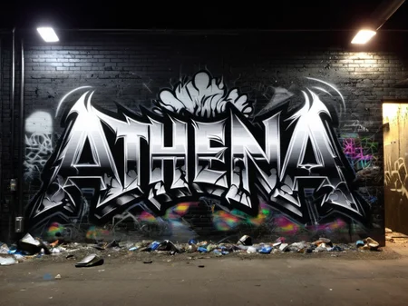 "ATHENA" text logo <lora:Harrlogos_v2.0:0.69> silver black graffiti bombing, thick lines <lora:ral-oilspill-sdxl:0.48> ral-oilspill, black brick wall, rubbish and piles of dirt on the floor, dim streetlight, at night, dirty wall, wall with cracks and missing bricks