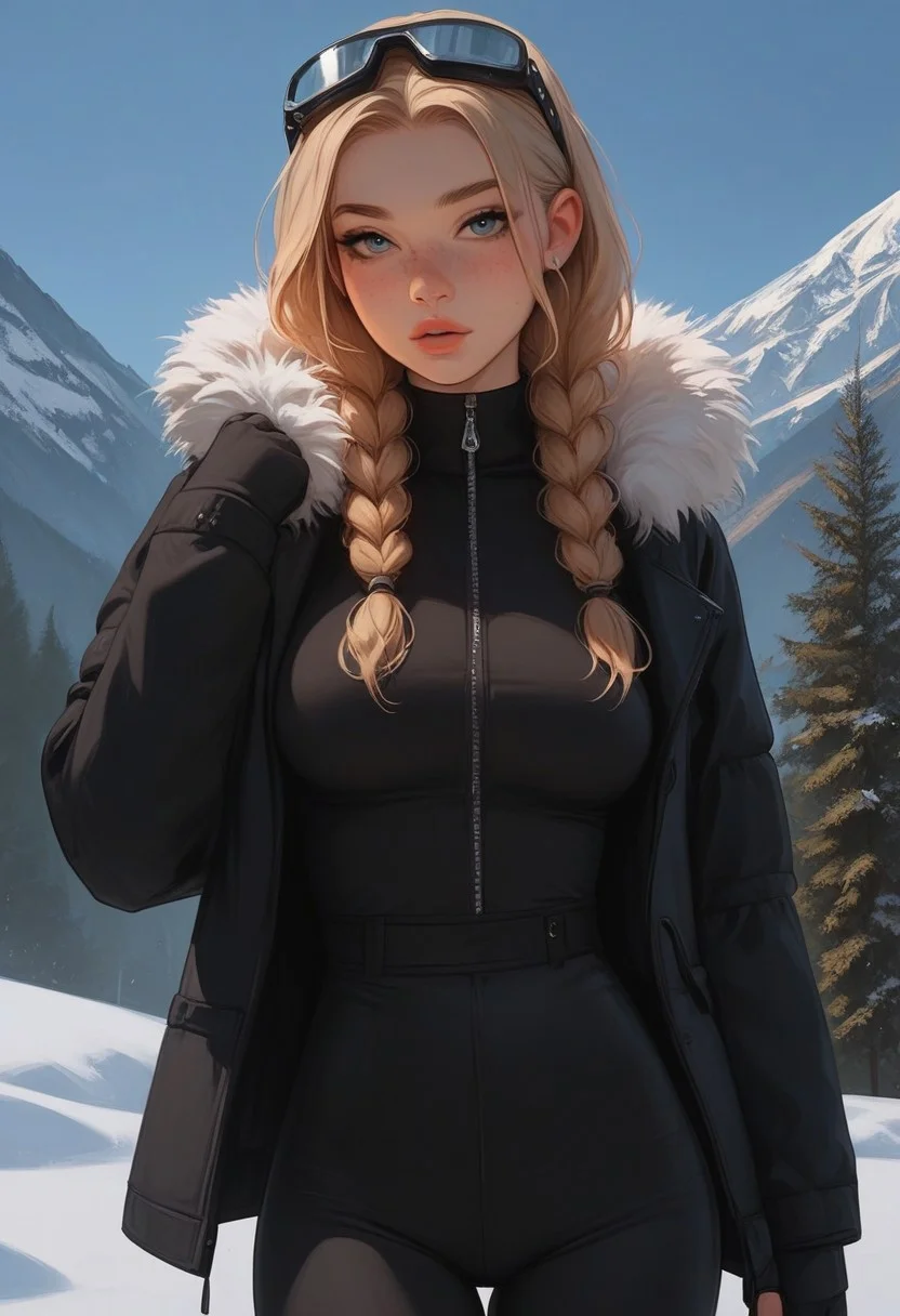 masterpiece, score_9, score_8_up, score_7_up, EasyNegative_v2, (best quality:1.1), ultra-detailed, high resolution, super detailed skin, Highly Visible, 8k, sharp focus, beautiful, perfect lighting, smooth edges, 18 year old girl, cute innocent girl, petite, slender body, large perky round breasts, ((freckles)), ((full pouty lips)), slim legs, braided BLONDE hair, twin braids, 1girl, solo, posing, low angle, black jacket, black tight snow outfit, black skiing outfit, tight snow pants, white outfit with black accents, winter clothes, ski goggles and headband, braided hair, in the snow on a mountain side, in the swiss alps, snow covered, sunny weather, snowy mountain panorama in the background