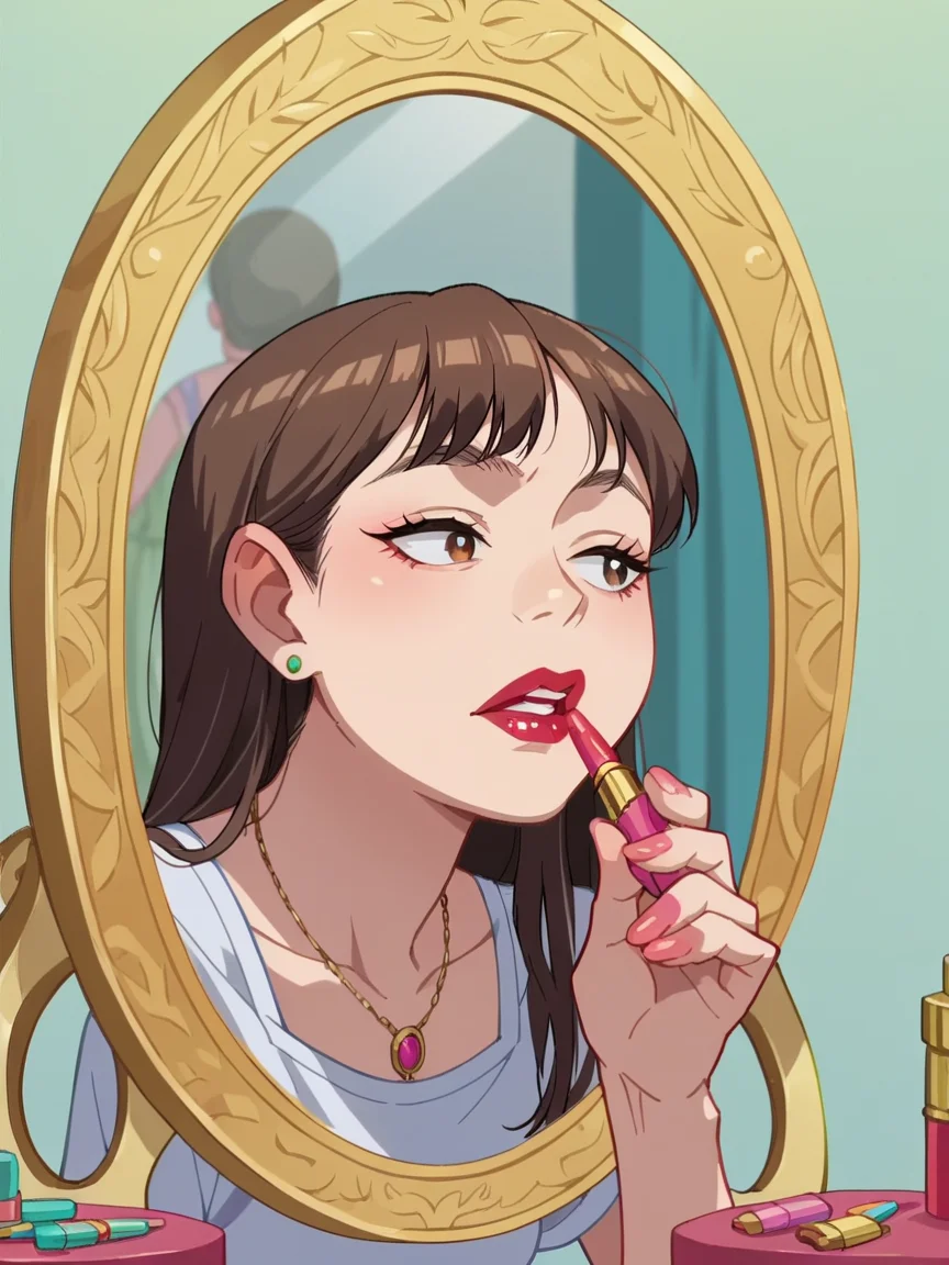 score_9, score_8_up, score_7_up, score_6_up, <lora:l1ppyXLP:0.7> l1ppy, lipstick, cosmetics, applying makeup, 1girl, anime screencap, mirror,