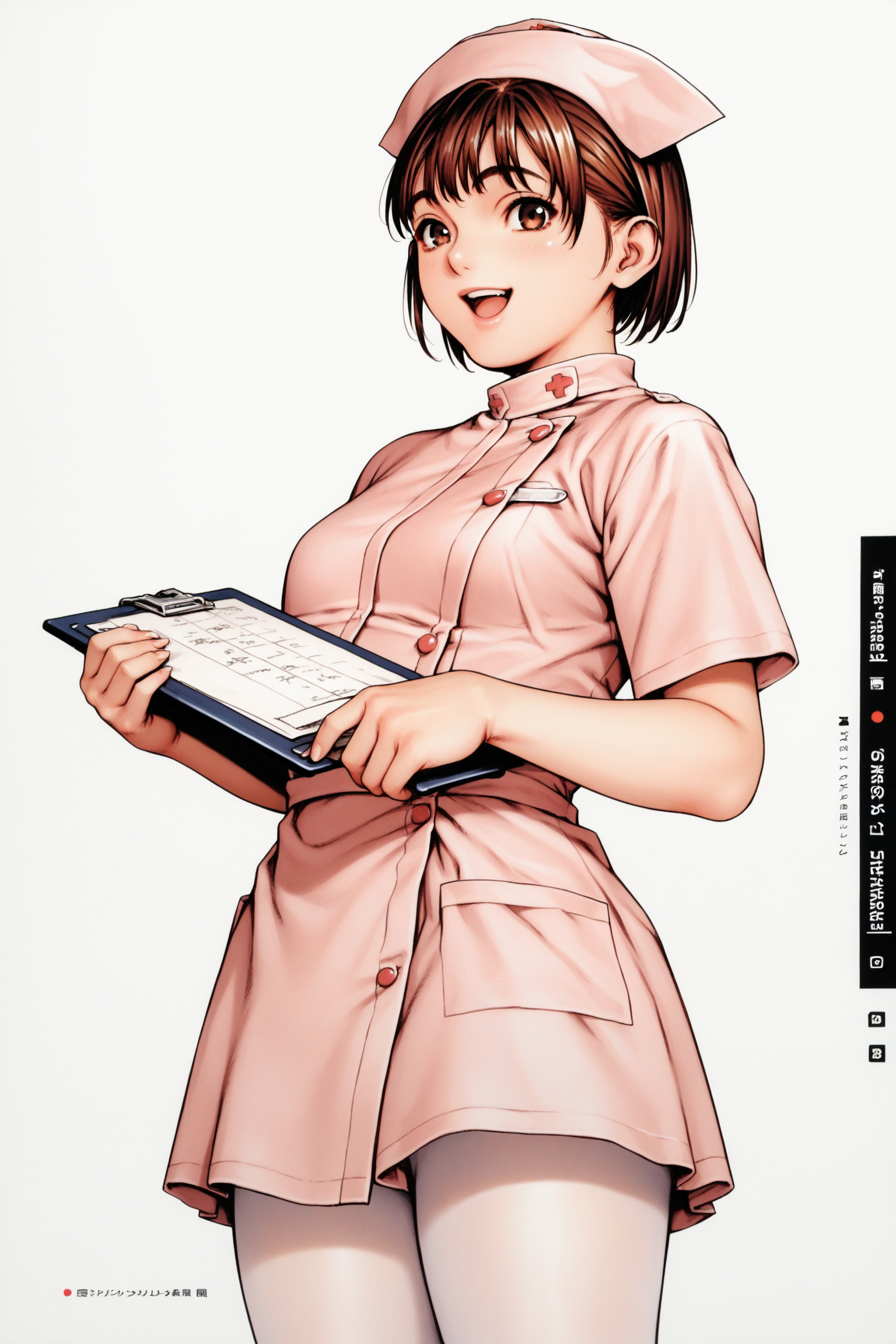score_9, score_8_up, score_7_up,  1girl, nurse, solo, nurse cap, hat, brown hair, clipboard, brown eyes, white background, open mouth, pantyhose, simple background, looking at viewer, short sleeves, smile, short hair, holding, cowboy shot, dress,  bangs, white pantyhose, short dress,  standing, pink dress
, <lora:Tsukasa_Jun_Pony_dim32-000035:0.9>