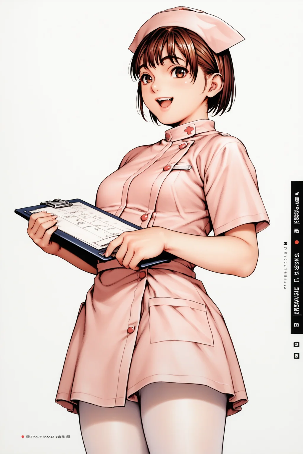 score_9, score_8_up, score_7_up, 1girl, nurse, solo, nurse cap, hat, brown hair, clipboard, brown eyes, white background, open mouth, pantyhose, simple background, looking at viewer, short sleeves, smile, short hair, holding, cowboy shot, dress, bangs, white pantyhose, short dress, standing, pink dress
, <lora:Tsukasa_Jun_Pony_dim32-000035:0.9>