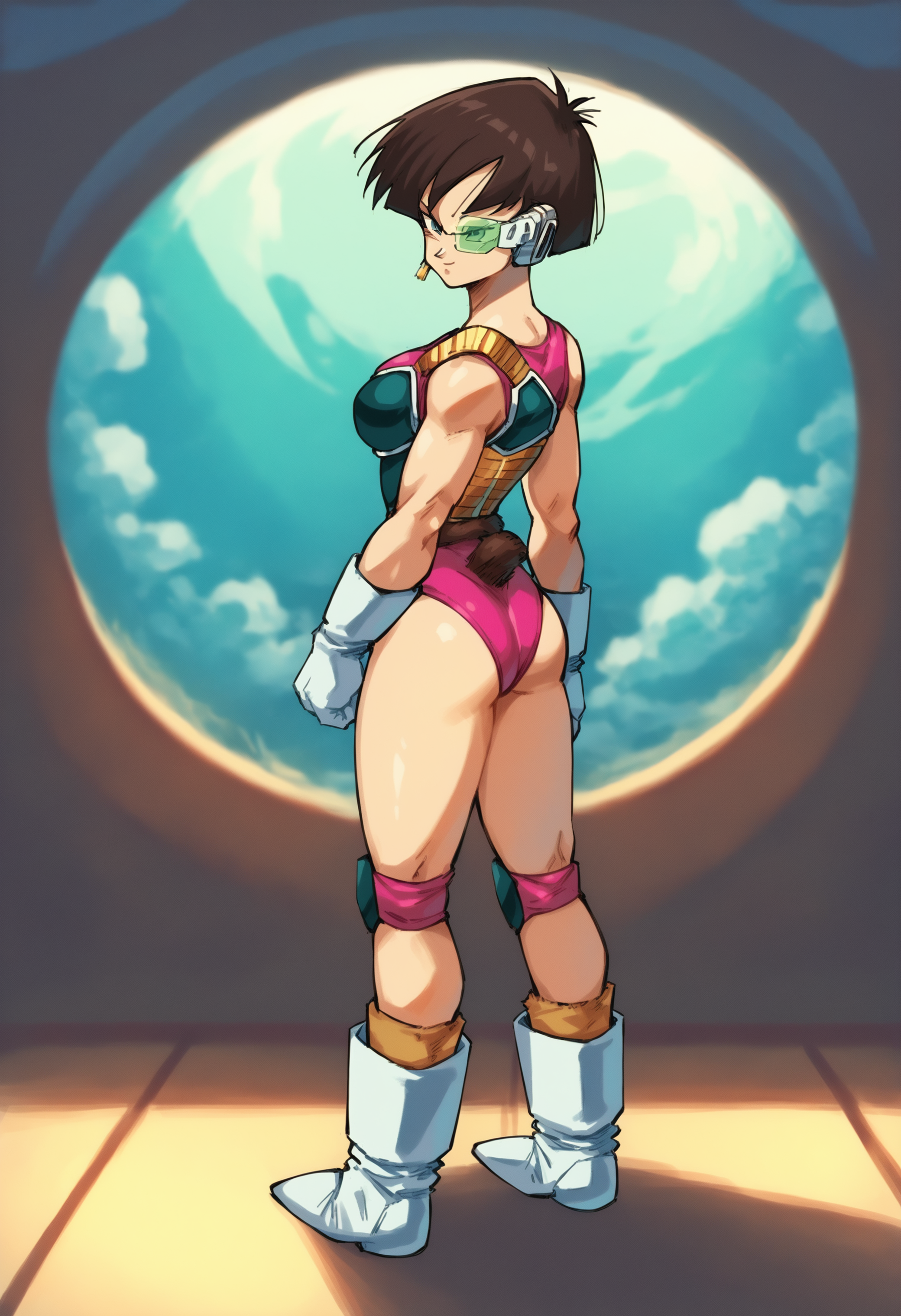 score_9, score_8_up, score_7_up, score_6_up, source_anime, 1girl, full body,<lora:Fasha:1.0> fasha, saiyan armor, gloves, boots, short hair, (monkey tail), pink leotard, eyewear, earring BREAK  interior of spaceship, sci-fi room, sideview, planet seen through window