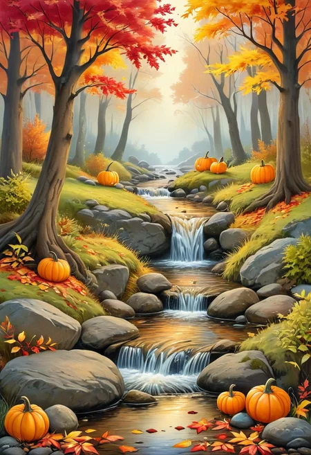 storybook arts,  masterpiece, best quality, highly detailed, score_9, score_8_up, score_7_up, colorful, serene, halloween,
The image shows a serene autumn forest scene with a small stream flowing through the middle. 
And there are a few cute red goblins collecting acorns and decorating the forest with pumpkins.
The trees are adorned with vibrant fall foliage in shades of red, orange, and yellow. 
The ground is covered with fallen leaves, and the stream is gently cascading over rocks, creating a peaceful and picturesque setting. 
The image captures the beauty of nature during the fall season, highlighting the rich colors and tranquil atmosphere. 
The scene highlights the beauty of deciduous trees with their fall foliage, creating a vibrant atmosphere in this woodland area. 
The presence of a stream  adds to the tranquility of the setting, making it an ideal representation of nature's peacefulness during the fall season.
This picture's colors and composition perfectly capture the serene beauty of autumn.