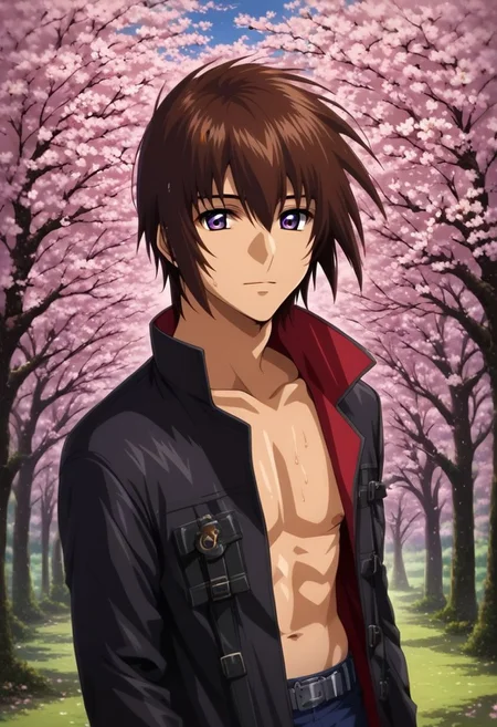ASCII score_9, score_8_up, score_7_up, score_6_up,
source_anime,
kira_yamato, hair parting left, wearing a black jacket with red lining and buckles, 1boy, solo, detailed eyes, purple eyes, looking at the viewer, (narrow waist: 1.1),
attractive pose, sweating, sweat,
upper body portrait,
scenery, sakura blossom, cherry trees,
masterpiece, best quality, very aesthetic, absurdres,