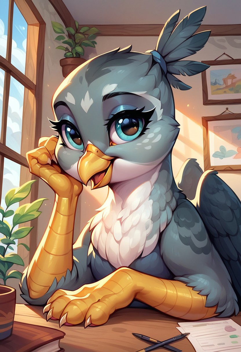 masterpiece, score_9, score_8_up, score_7_up, score_6_up, (best quality:1.1), ultra-detailed, high resolution, 1girl, gabby, feral, griffon, g4, female, eyeshadow, happy, indoors, home background, tail, high quality, sharp, the quality of ai art is frightening, watercolor, highly detailed, (beautiful detailed eyes), Long eyelashes, Highly Visible, sharp focus, perfect lighting, beautiful eyes, long eyelashes, anatomically correct, extremely detailed, shine on body, high detail, cute, Expressiveh, detailed background, OverallDetail, zPDXL2