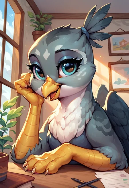 masterpiece, score_9, score_8_up, score_7_up, score_6_up, (best quality:1.1), ultra-detailed, high resolution, 1girl, gabby, feral, griffon, g4, female, eyeshadow, happy, indoors, home background, tail, high quality, sharp, the quality of ai art is frightening, watercolor, highly detailed, (beautiful detailed eyes), Long eyelashes, Highly Visible, sharp focus, perfect lighting, beautiful eyes, long eyelashes, anatomically correct, extremely detailed, shine on body, high detail, cute, Expressiveh, detailed background, OverallDetail, zPDXL2