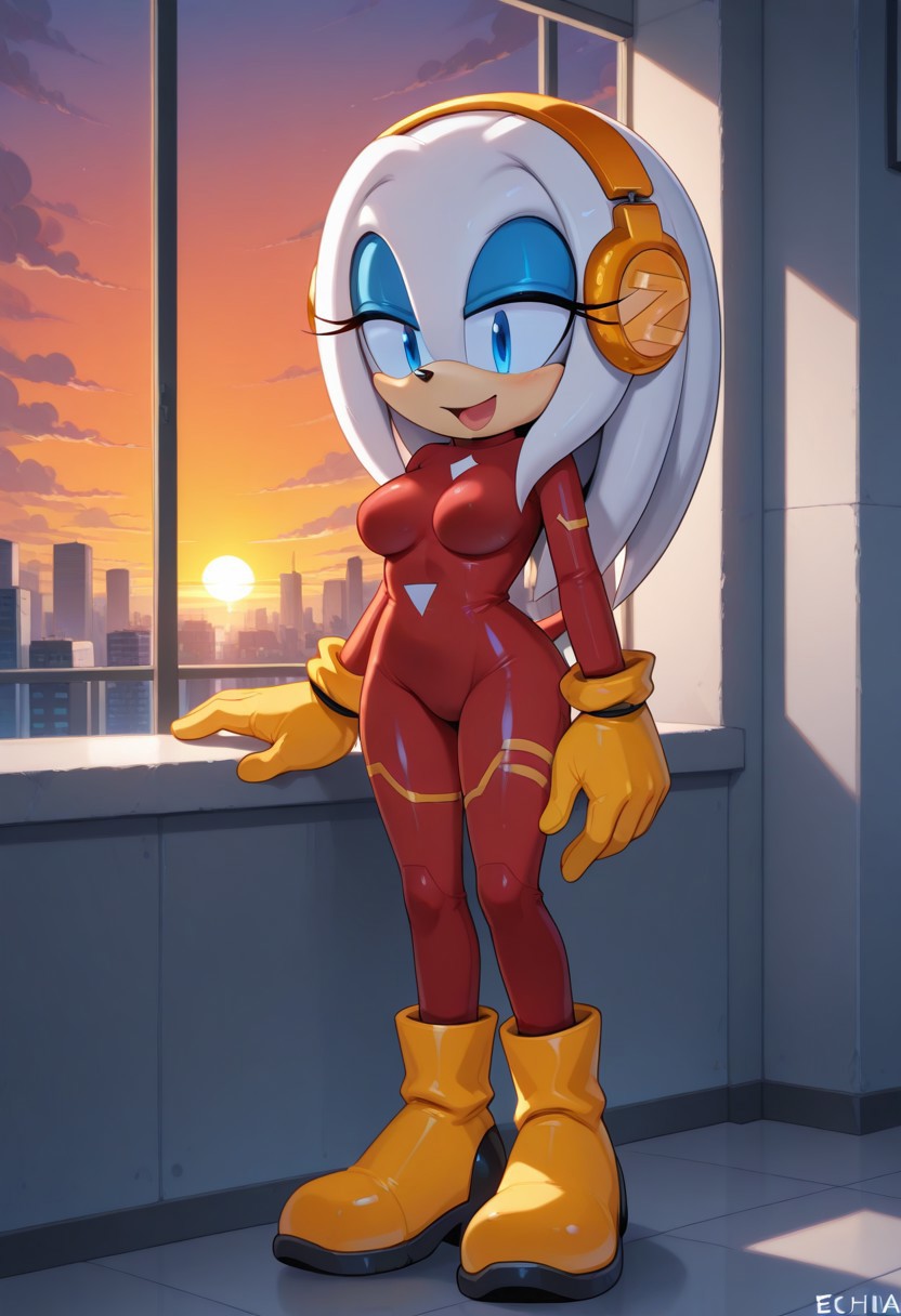 score_9, score_8_up, score_7_up, score_6_up, score_5_up, score_4_up, 1girl, Zeta_r02, anthro, furry female, from sonic, white body, yellow headphones, blue eyes, robot, long hair, echidha,  source_furry, solo, source_cartoon, room, sunset, middle breasts, standing, happy, red bodysuit, boots, yellow gloves