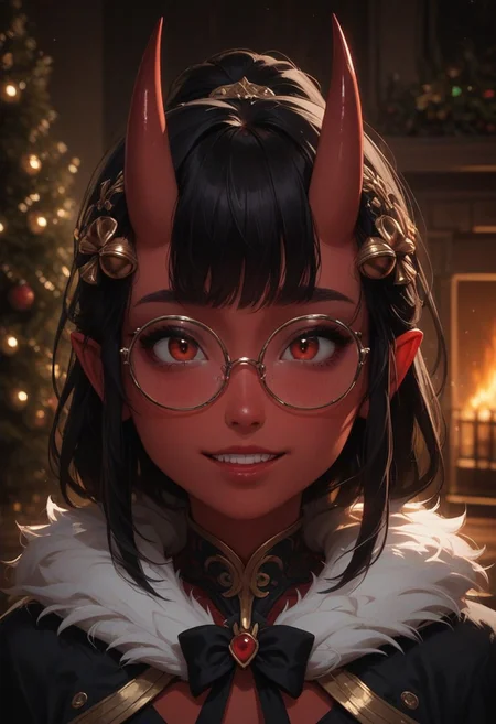 score_9_up, score_8_up, score_7_up, score_6_up, 1girl, solo, 25 years old, perfect face, cute, petite, detailed face, 
blush, shy smile, portrait, face focus, depth of field, looking at viewer, close up,  
red eyes, 
(red skin), oni, red oni, demon girl, black hair, 
glasses, hair bell, hair ornament, 
fur trim, fur capelet, black coat dress, fur-trimmed dress, black bow, 
indoors, Christmas tree,fireplace, 
DreamArt,