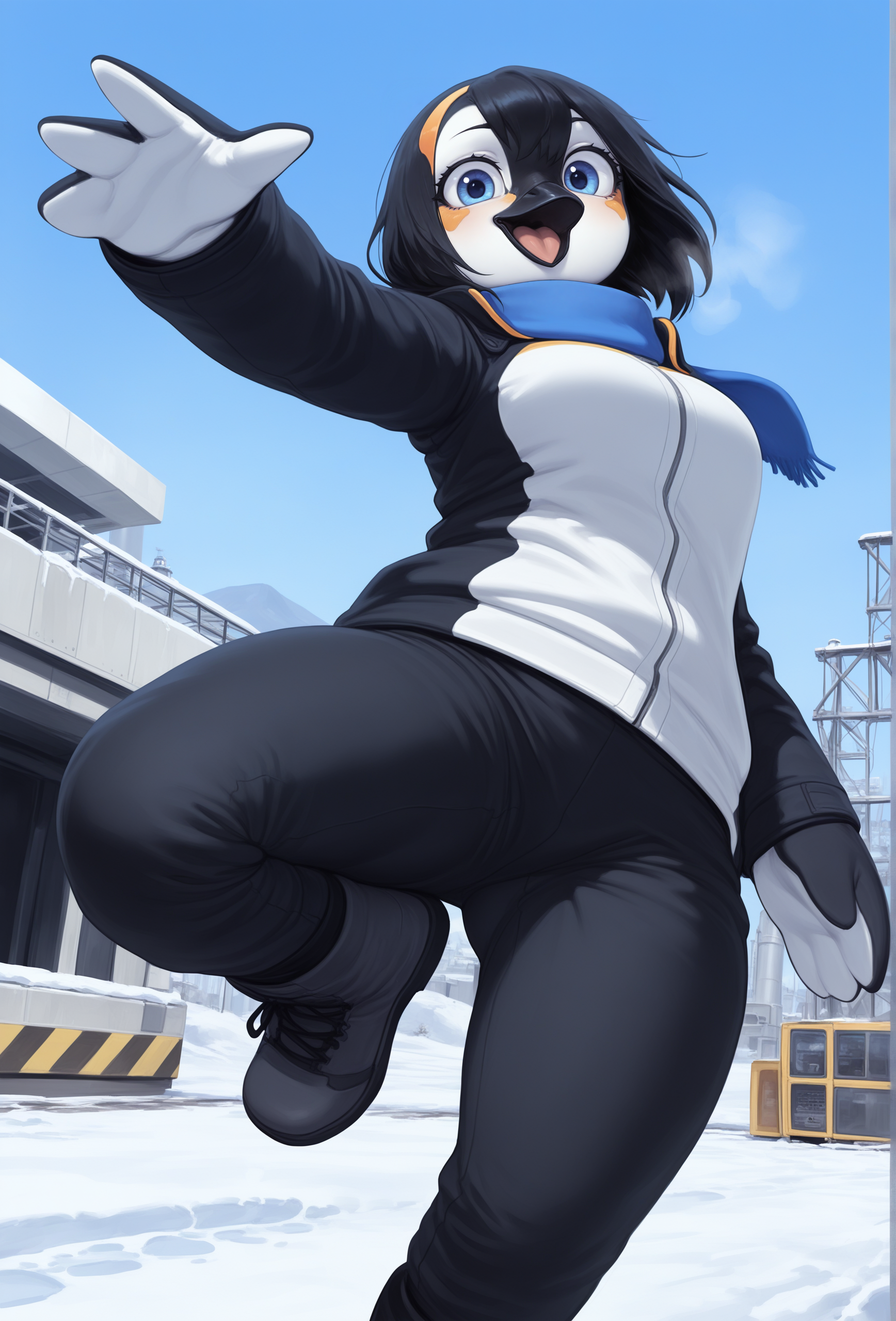 masterpiece,best quality,amazing quality, <lora:maxmushroom_style_illustrious_v1f:1> maxmushstyle, 1girl, furry, penguin girl, solo, black hair, beak, blue eyes, looking at viewer BREAK
jacket, scarf, pants, boots, factory, snow, blue sky, detailed background, dynamic pose, low angle
