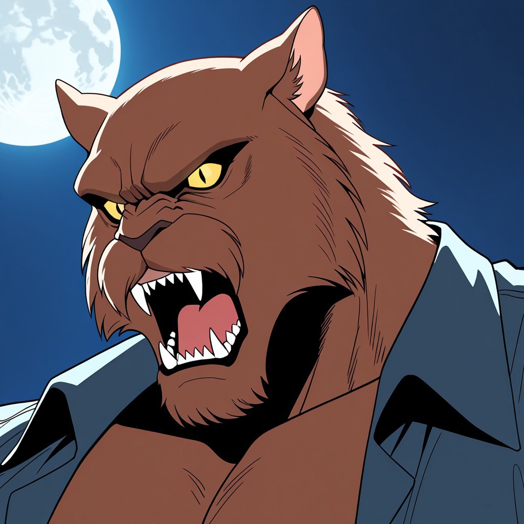 score_9, score_8_up, score_7_up, score_6_up, score_5_up, score_4_up, high quality, (detailed eyes:1.5), (detailed face), ((perfect face)), master piece, best high quality, ultra details, intricate details, male focus, detailed body, detailed background, perfect anatomy, masterpiece, high quality, best quality, amazing quality, very aesthetic, absurdres, (((portrait))), Jacques_werecat, anthro cat, brown fur, yellow eyes, muscular, blue button shirt, sharp teeth, roaring, full moon