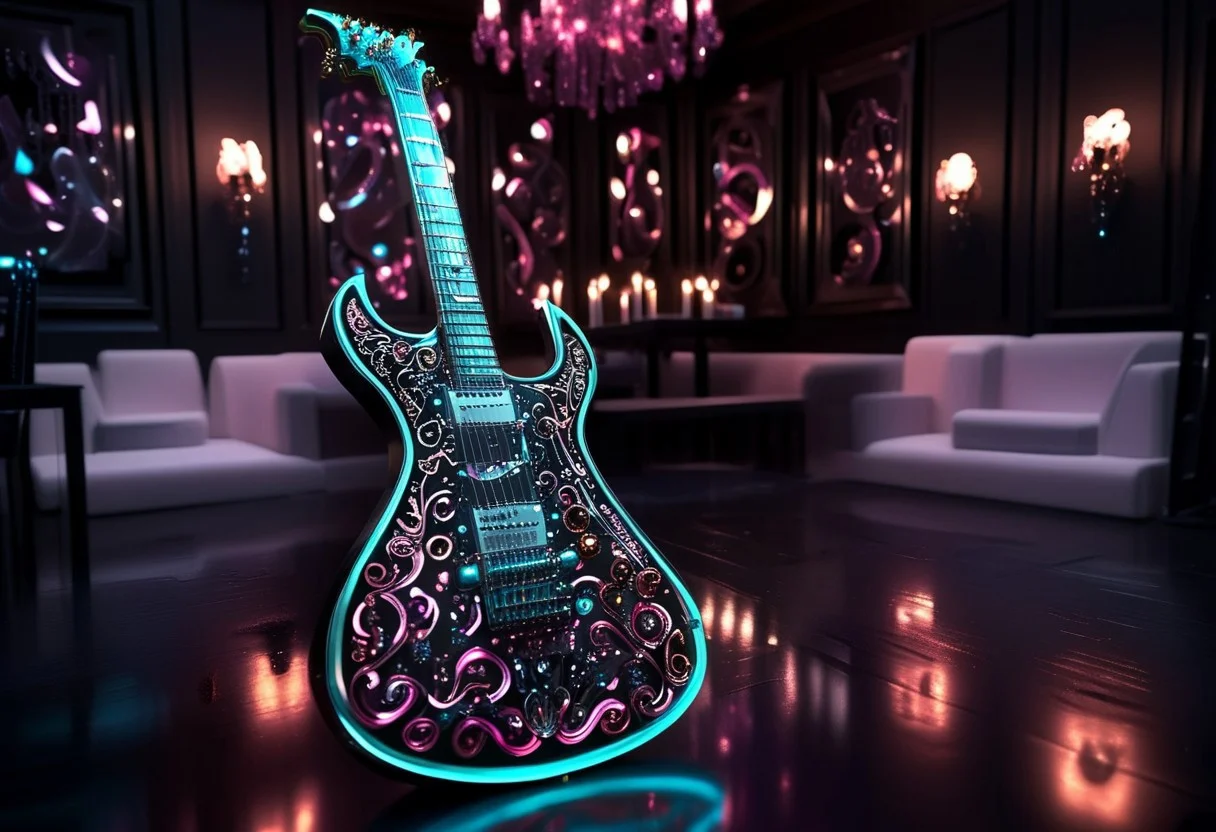 RAW photo of a very detailed reflective guitar with whimsical elements, completely dark studio, full of mirrors and few candles, magical glowing guitar,( the room is dark:2), only light of source is coming from the guitar, cyan and pink neon, strong highlights, complimentary colors, reflective enviroment, spot lights, futuristic style, 90% black and 10% gold colors, big white diamonds on the guitar, strong depth of field, darkness, dramatic light, dusty black theme, intricate details, ultra sharp, exquisite detail, flawless composition, vivid colors, masterpiece, exciting background, timeless elegant and Exquisite