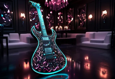 RAW photo of a very detailed reflective guitar with whimsical elements, completely dark studio, full of mirrors and few candles, magical glowing guitar,( the room is dark:2), only light of source is coming from the guitar, cyan and pink neon, strong highlights, complimentary colors, reflective enviroment, spot lights, futuristic style, 90% black and 10% gold colors, big white diamonds on the guitar, strong depth of field, darkness, dramatic light, dusty black theme, intricate details, ultra sharp, exquisite detail, flawless composition, vivid colors, masterpiece, exciting background, timeless elegant and Exquisite