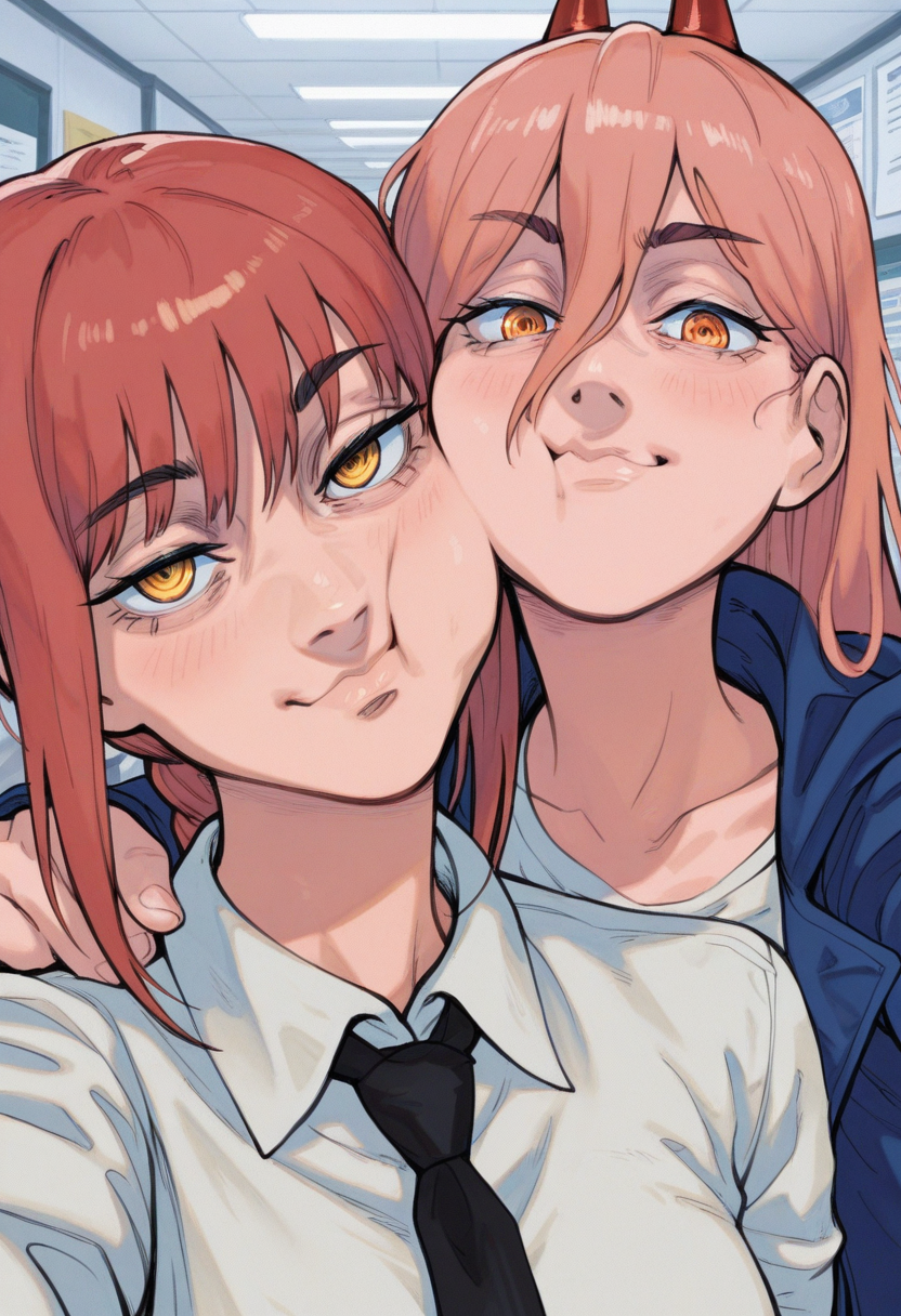 r3110style,   masterpiece, best quality, solo,                                                                                                                                 2girls,upper body, office workspace background,  faces together,cheek press, BREAK 2girls, makima from chainsaw man, red hair,  smug, blush, looking at viewer, white shirt with tie,arms around another's shoulder, BREAK 2girls, power from chainsaw man, , yellow eyes, pink hair, blue jacket,   pouting, selfie,  lips,