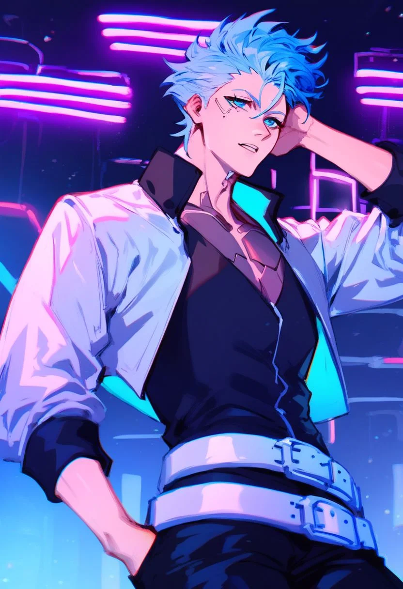 Grimmjow, blue hair, blue eyes, white crop jacket, black shirt, black pants, white belt, score_9, score_8_up, score_7_up, source_anime, cyberpunk, neon lights
