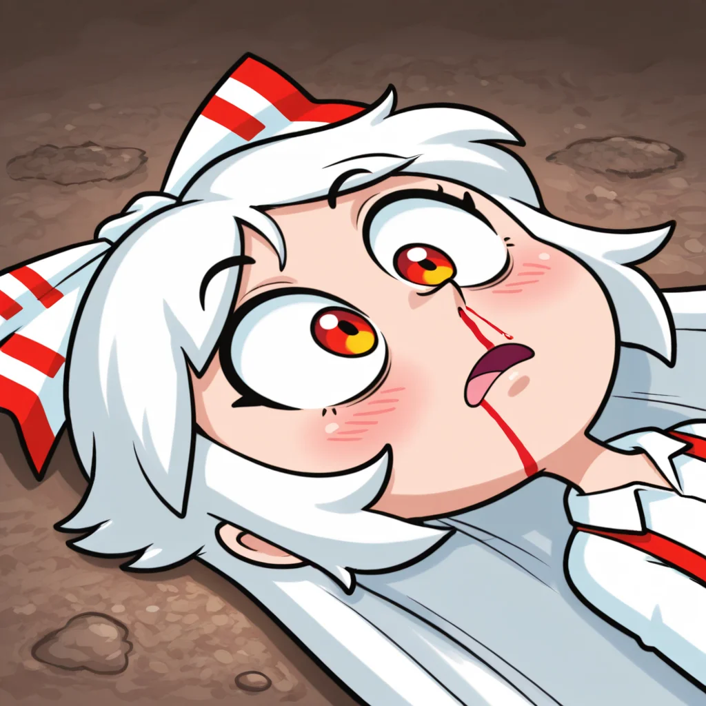 masterpiece, best quality amazing quality very aesthetic high resolution ultra detailed absurdres, newest, colorful, vivid, <lora:SuperPrincessPeachF:.6>, sppeach, <lora:Squished_Squidward_Face-il:1.0>, (mikus-concept, flat face:1.3), lying, floor pose, dirt ground, fujiwara_no_mokou, touhou, 1girl, red_eyes, white_hair, wide eyes, blush, nosebleed, open mouth, white sclera