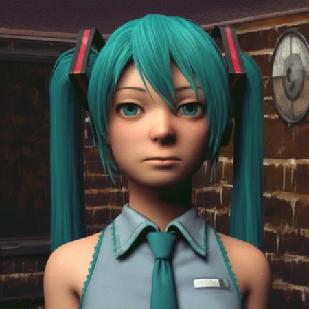 score_8, score_8_up, score_7_up, Fallout_Head, claymation, clay (medium), portrait, BREAK solo,  1girl, female focus,  hatsune miku, twintails,necktie, collared shirt, sleeveless, bare shoulders, aqua hair, looking at viewer, closed mouth, expressionless, indoors, ceiling light, chalkboard