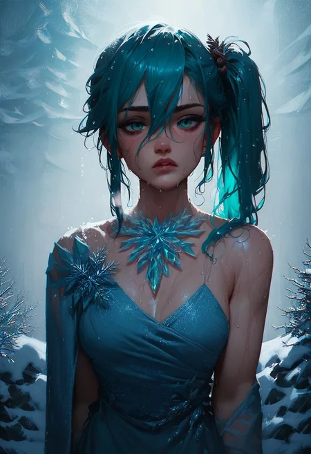 score_9, score_8_up, score_7_up, score_6_up, score_5_up, t4s14, (dramatic lighting, volumetric lighting, cowboy shot, winter, snow, dark, 1girl, teal hair, hair between eyes, side ponytail, head tilt gown, cold, wet, ice)