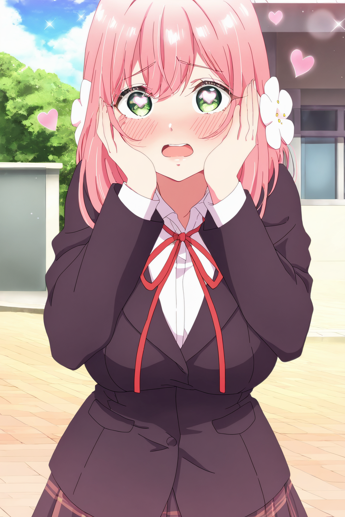 masterpiece, best quality,  absurdres, highres, cinematic light, 1girl, <lora:karane_and_hakari:1> hakari_wz, pink hair, medium hair, hair ornament, hair flower, green eyes, large breasts, school uniform, black blazer, white shirt, collared shirt, long sleeves, neck ribbon, red bibbon, white socks, standing, upper body, hands on own cheeks, open mouth, heart-shaped eyes, open mouth, sparkle, blush, looking at viewer, day, outdoors, blue sky, cloud, school