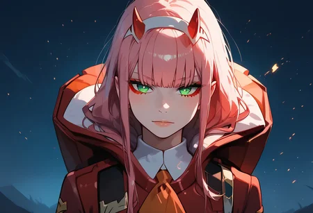 masterpiece, best quality, highly detailed, score_9, score_8_up, score_7_up, score_6_up, 1girl, zero two, (green eyes:1.5), hairband, horns, long hair, pink hair, red horns, white hairband, glowing eyes, red jacket, closed jacket, military uniform, oni horns, orange ascot, looking at viewer, falling from sky, epic background, dark background, evil background